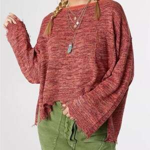 Free People Heathered Red Slouchy Raw Hem Sweater Prism Pullover Pocket Small